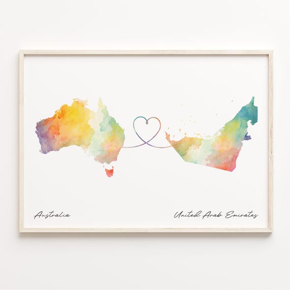 Australia To United Arab Emirates Print Watercolor Map Poster Ukrainian Gift Travel Wall Art Adventure Awaits C23984