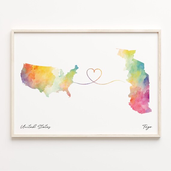 United States To Togo Watercolor Heart Map Connection Poster