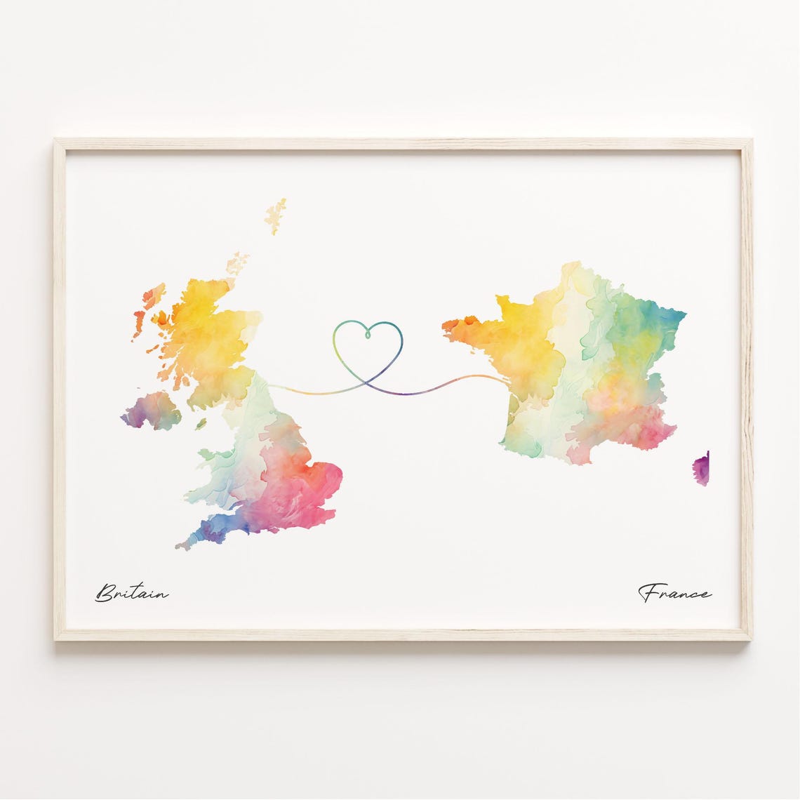 Britain To France Watercolor Map With Heart Connection Art Poster