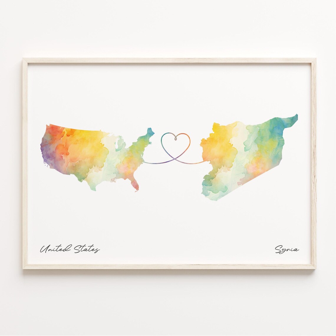 United States To Syria Watercolor Map Heart Connection Poster