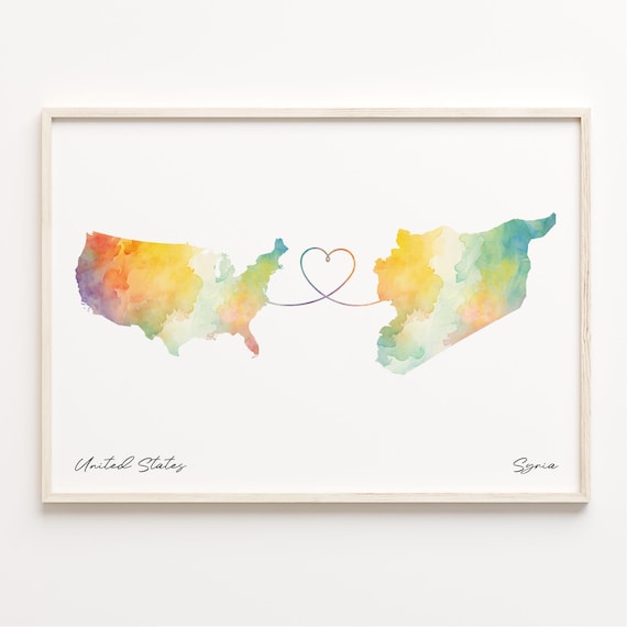 United States To Syria Watercolor Map Heart Connection Poster