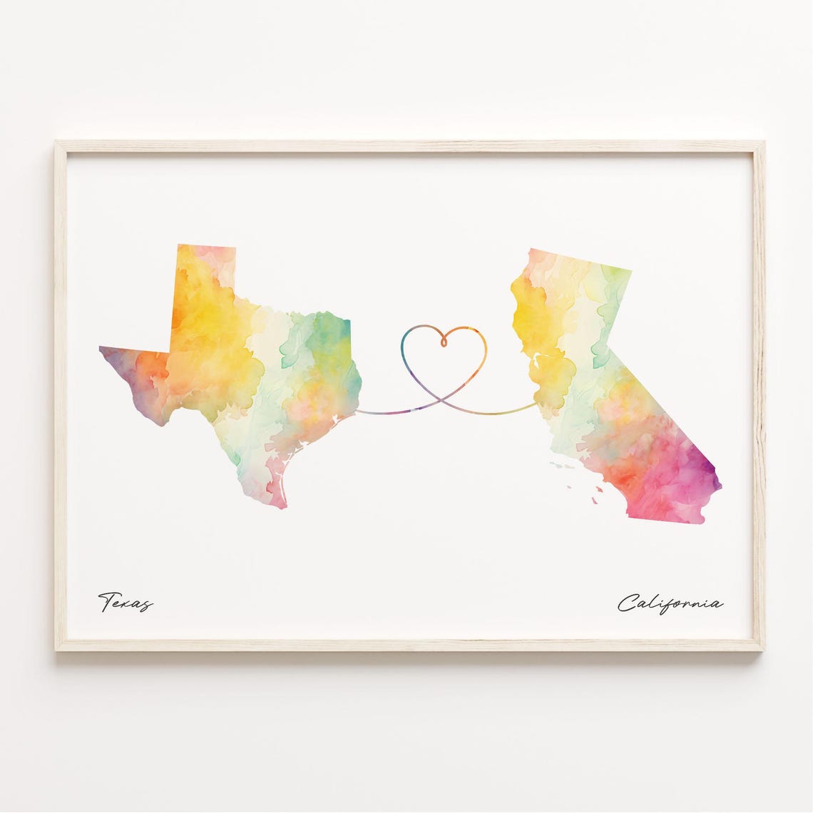 Texas to California Watercolor Love Map Heart Connection Poster