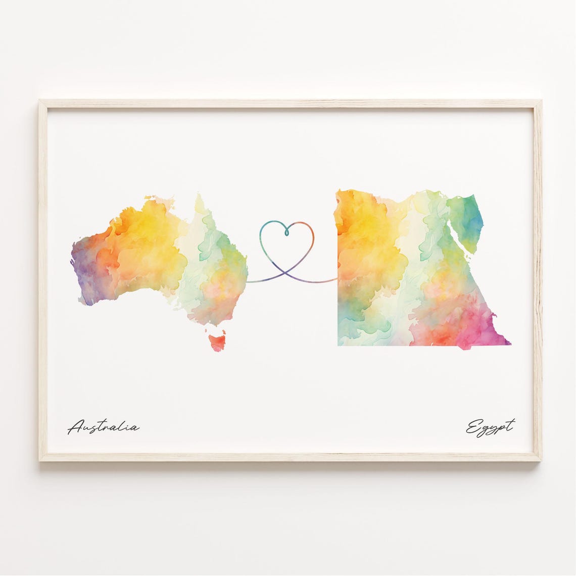 Australia to Egypt Watercolor Heart Map Long Distance Love Poster