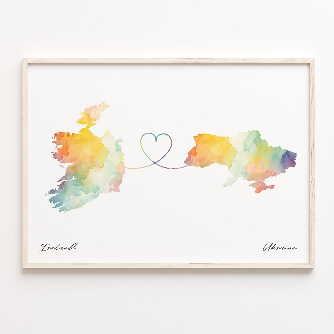Ireland to Ukraine Watercolor Map Heart Long Distance Art Print