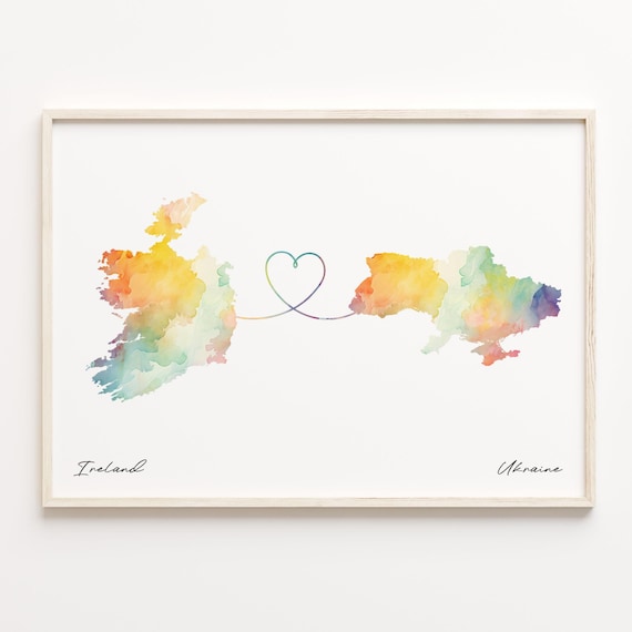 Ireland to Ukraine Watercolor Map Heart Long Distance Art Print
