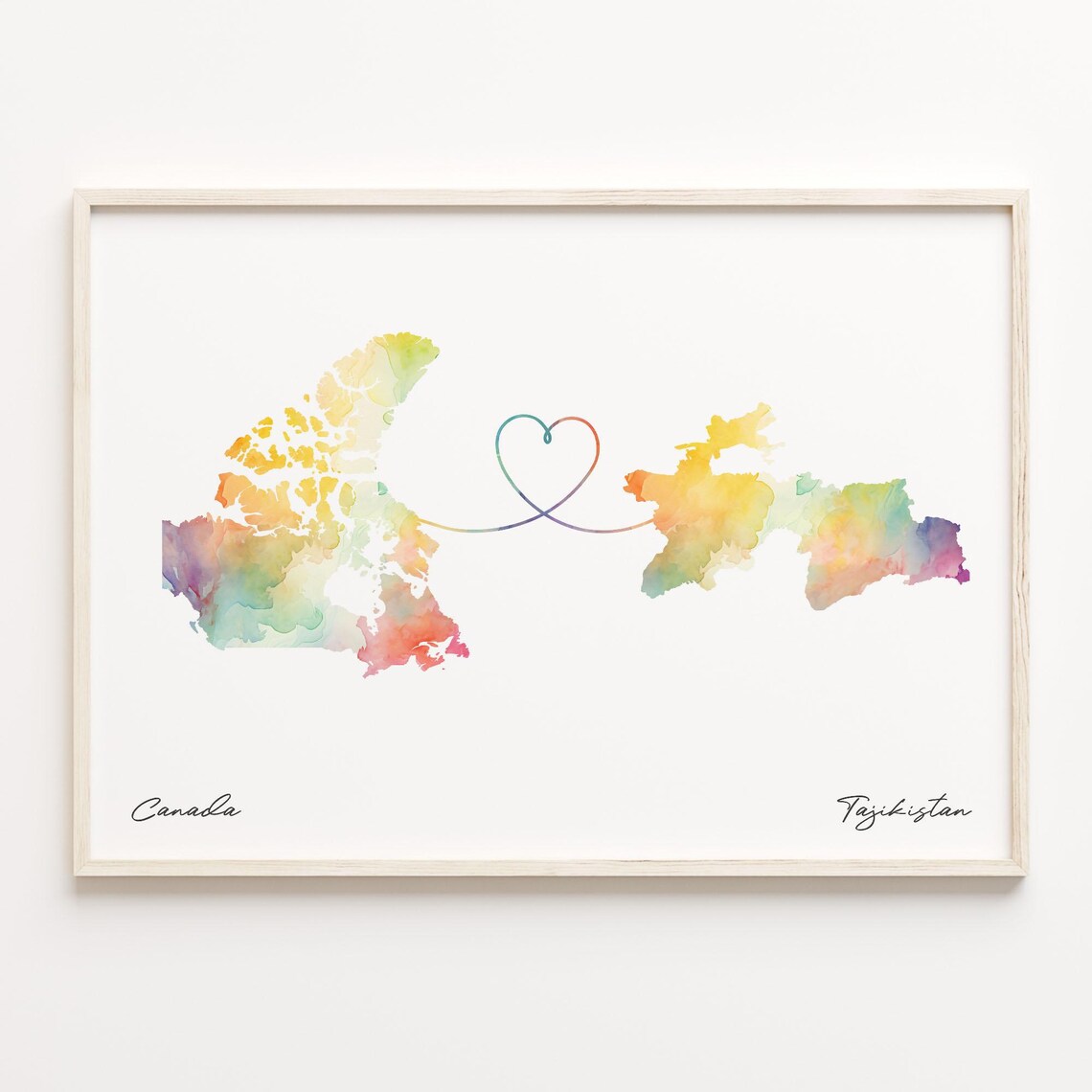Canada To Tajikistan Watercolor Heart Map Long Distance Love Wall Art