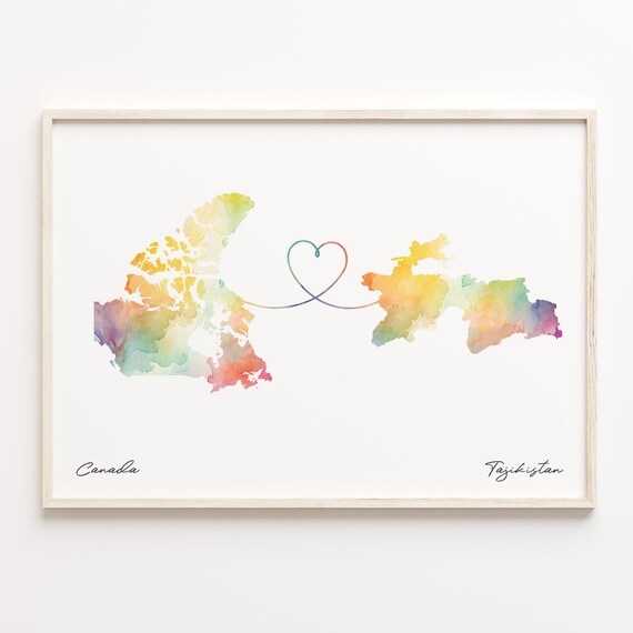Canada To Tajikistan Watercolor Heart Map Long Distance Love Wall Art
