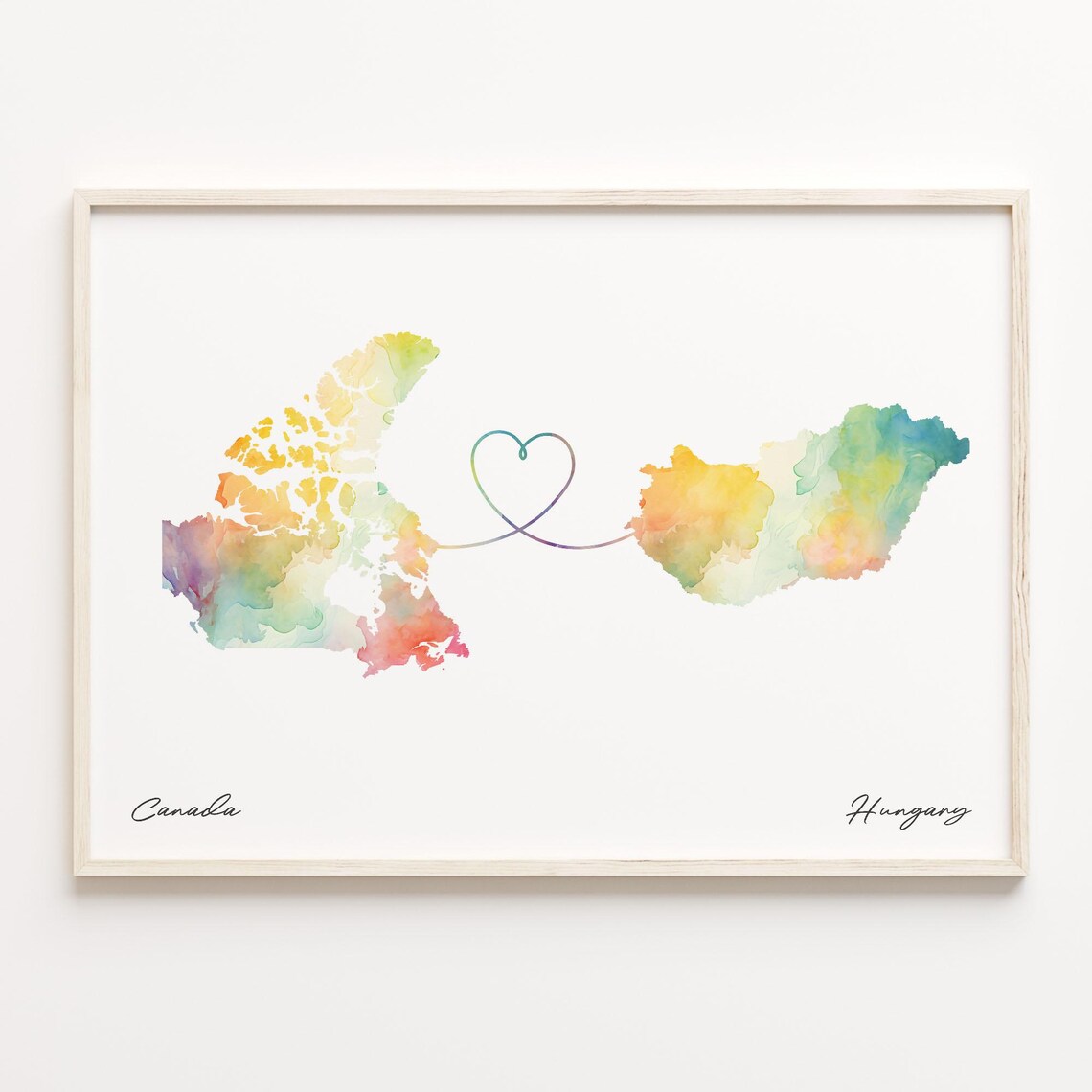 Canada To Hungary Watercolor Long Distance Love Heart Map Poster