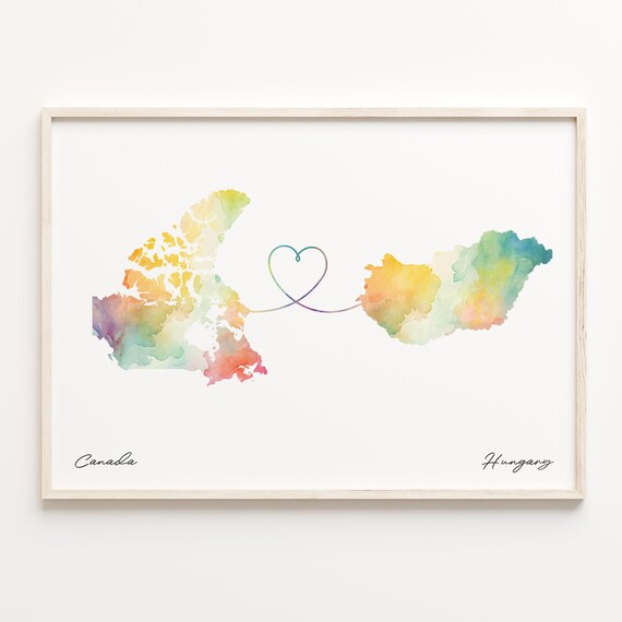 Canada To Hungary Watercolor Long Distance Love Heart Map Poster
