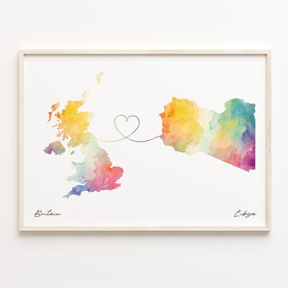 Britain to Libya Watercolor Heart Map Long Distance Love Poster