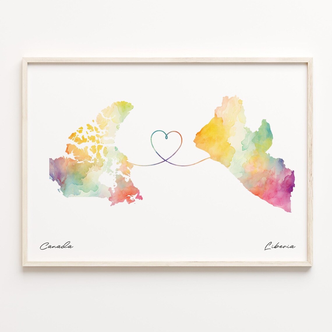 Canada To Liberia Watercolor Heart Map Long Distance Love Poster