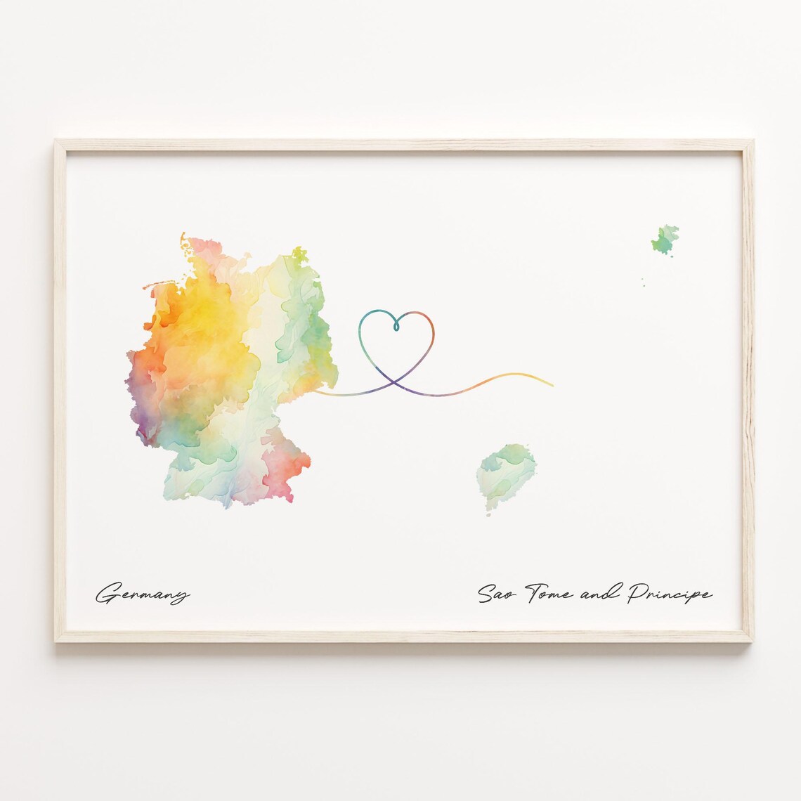 Germany to Sao Tome and Principe Map Poster - Watercolor Heart Line Gift