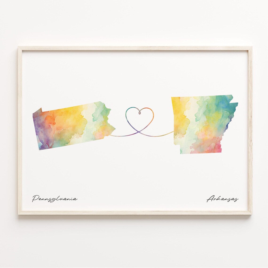 Pennsylvania to Arkansas Watercolor Heart Map Love Gift Poster