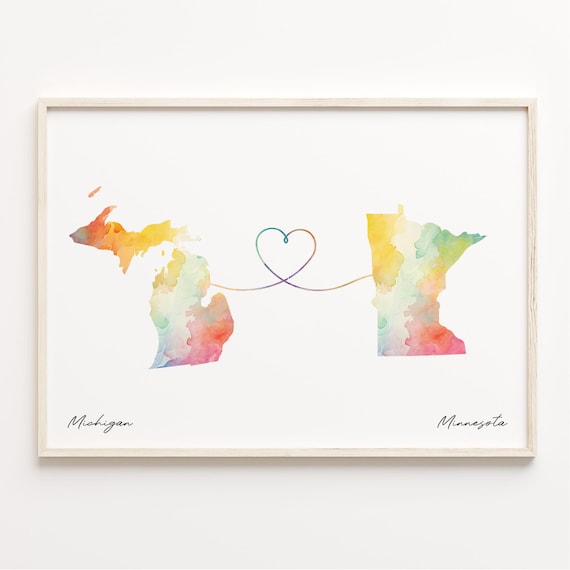 Michigan To Minnesota Watercolor Map Long Distance Love Heart Print