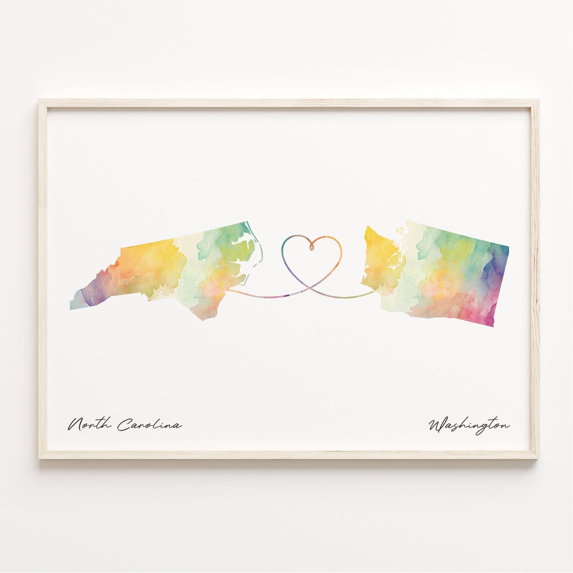 North Carolina to Washington Watercolor Map Poster Heart Line Gift Art