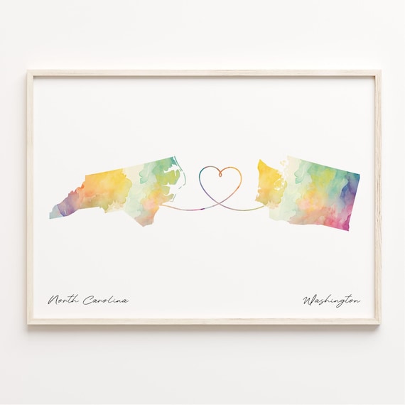 North Carolina to Washington Watercolor Map Poster Heart Line Gift Art