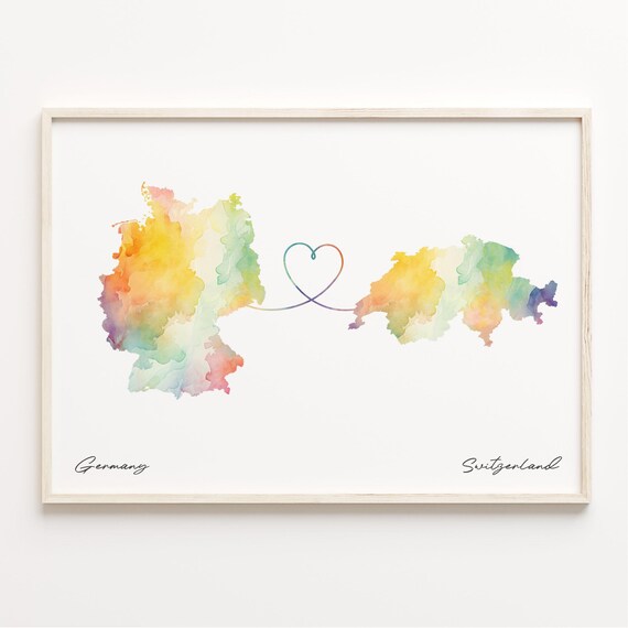 Germany to Switzerland Watercolor Map Poster with Heart Connection