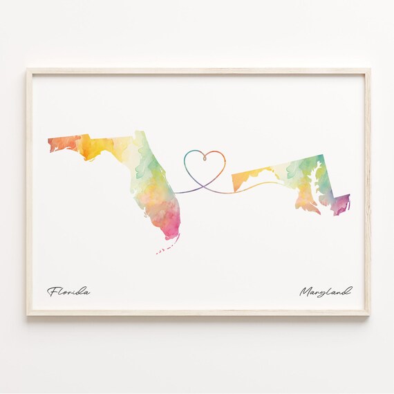 Florida to Maryland Watercolor State Map Heart Connection Print