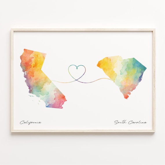California To South Carolina Watercolor Map Heart Long Distance Love Poster