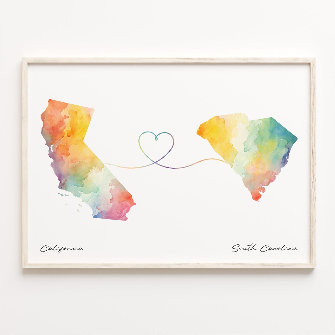 California To South Carolina Watercolor Map Heart Long Distance Love Poster