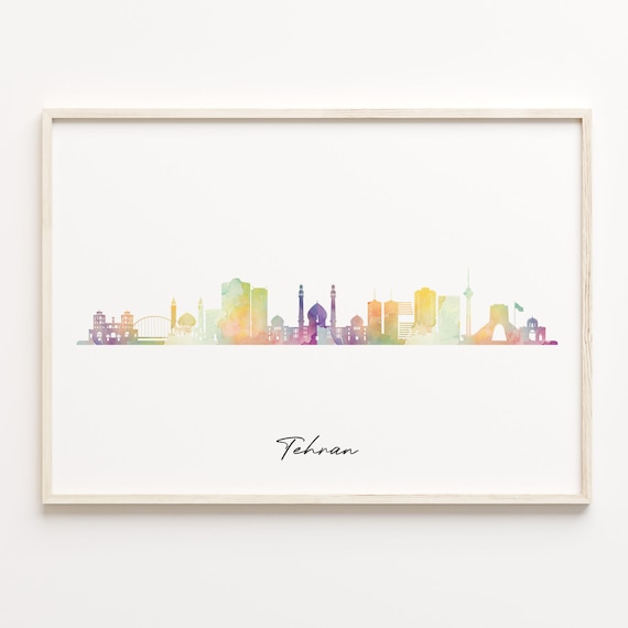 Tehran Iran Vibrant Watercolor Script Skyline Cityscape Poster