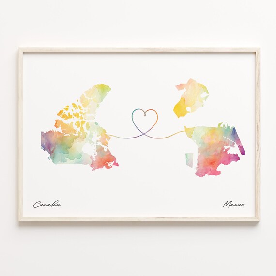 Canada To Macao Watercolor Map Heart Line Connection Travel Poster