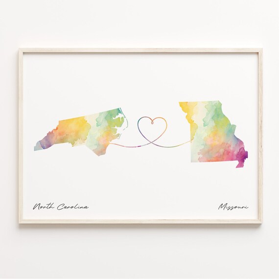 North Carolina To Missouri Watercolor Heart Connection Map Print