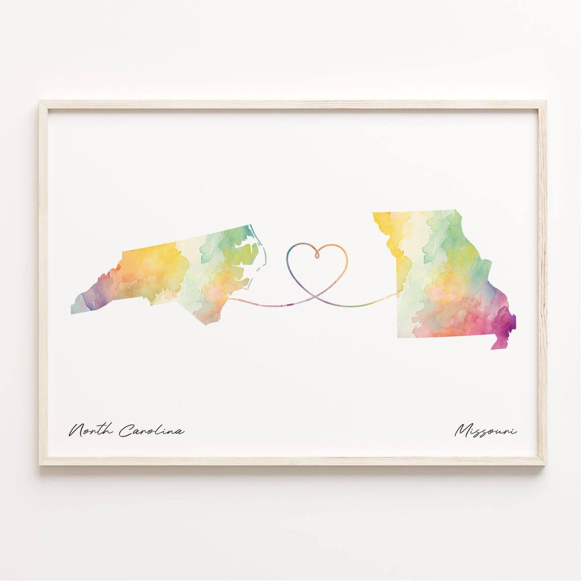 North Carolina To Missouri Watercolor Heart Connection Map Print