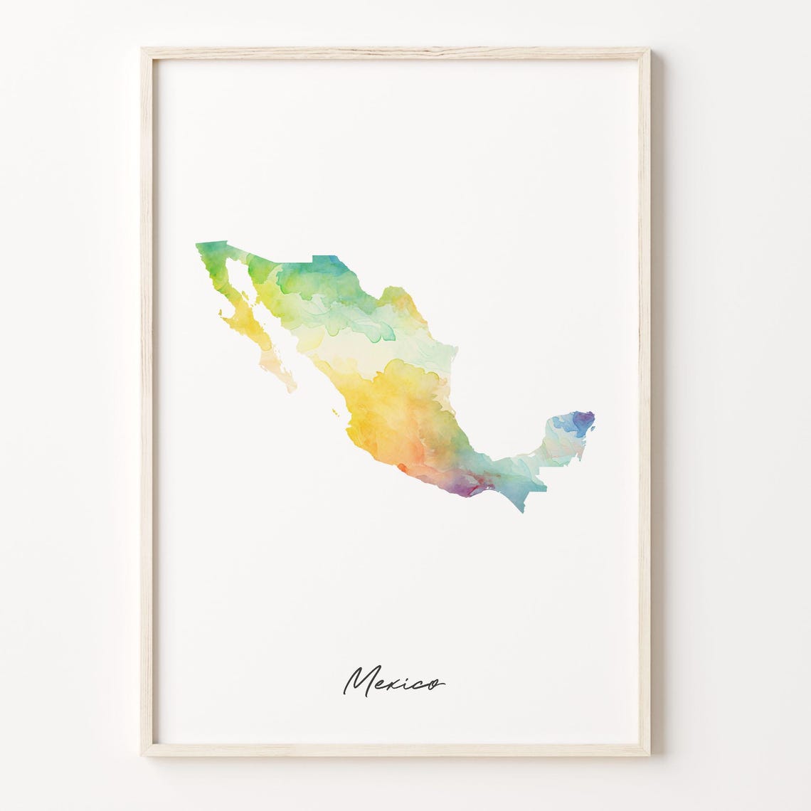 Mexico Watercolor Country Map Vibrant Green Yellow Art Print Decor