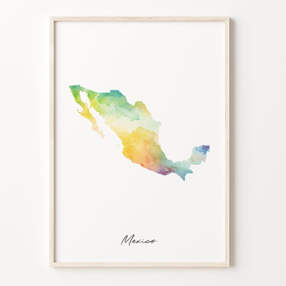 Mexico Watercolor Country Map Vibrant Green Yellow Art Print Decor