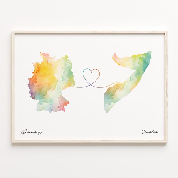 Germany to Somalia Romantic Watercolor Map Heart Connection Poster