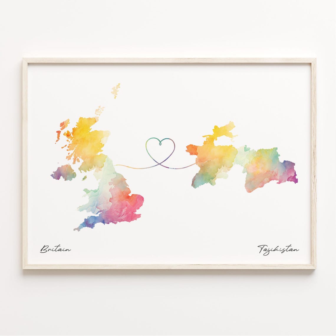 Britain To Tajikistan Heart Loop Watercolor Map Couples Gift Poster