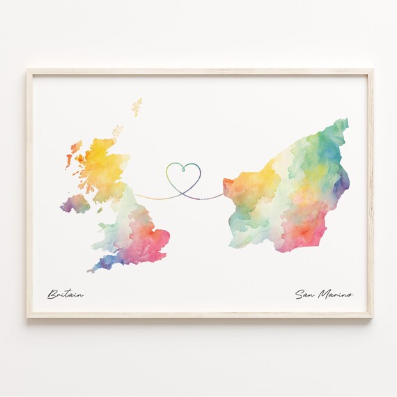 Britain To San Marino Watercolor Map Heart International Gift Poster
