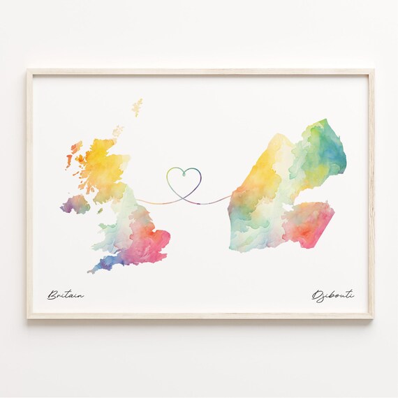 Britain To Djibouti Watercolor Map Heart Connection Love Poster