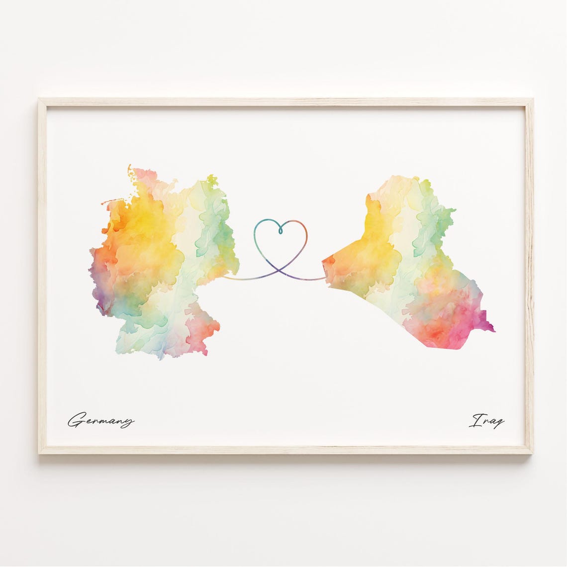 Germany to Iraq Romantic Watercolor Map Heart Connection Poster