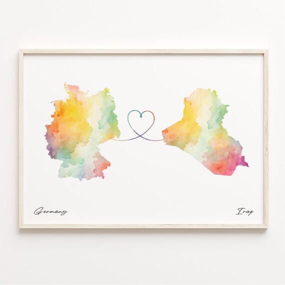 Germany to Iraq Romantic Watercolor Map Heart Connection Poster
