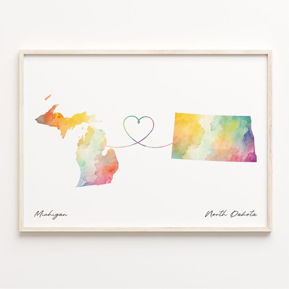 Michigan to North Dakota Watercolor Heart Map Connection Poster