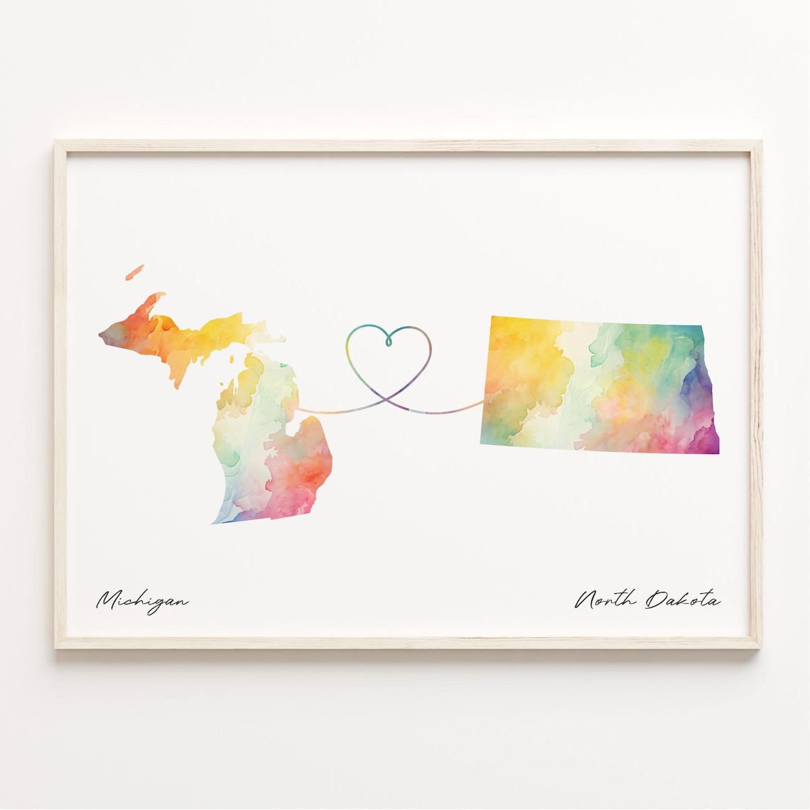 Michigan to North Dakota Watercolor Heart Map Connection Poster