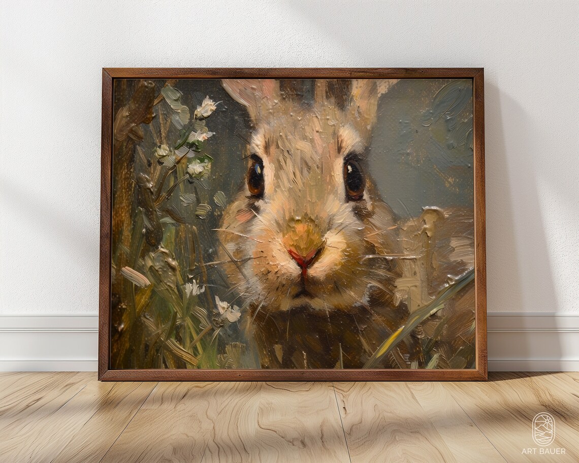 Rabbit In Flowery Meadow Rustic Animal Art Print