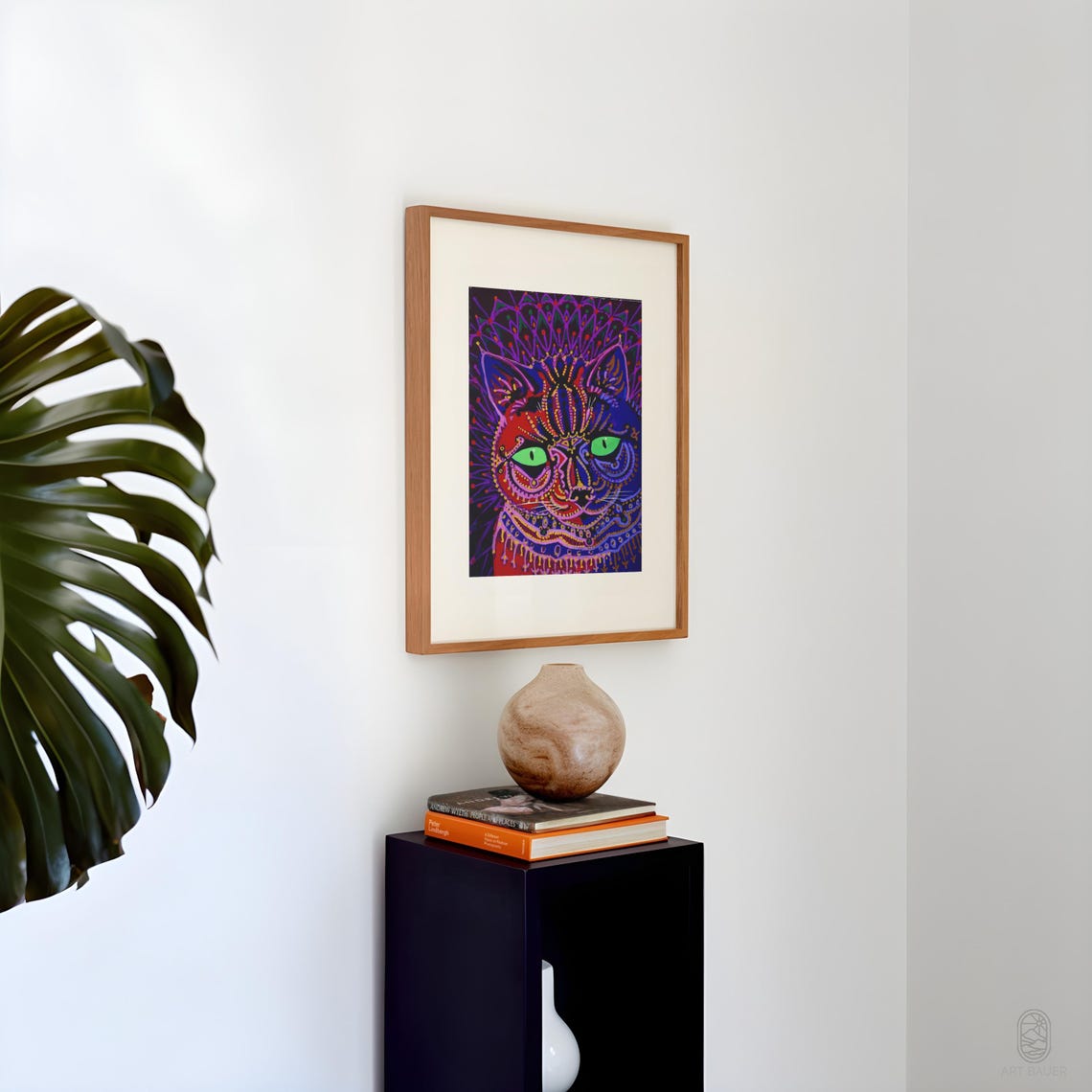 Louis Wain Neon Night Cat Portrait Glowing Eyes Psychedelic Print - Image 3