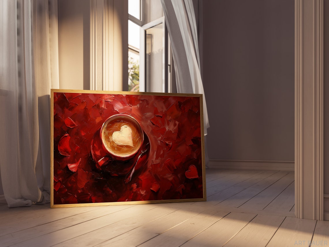 Red Coffee Cup Heart Latte Art Modern Impasto Romantic Wall Poster - Image 3