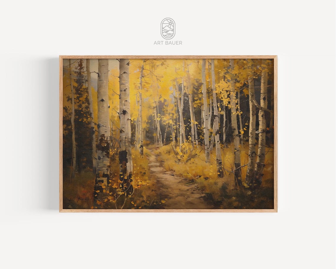 Golden Autumn Birch Forest Path Warm Fall Foliage Nature Art Poster
