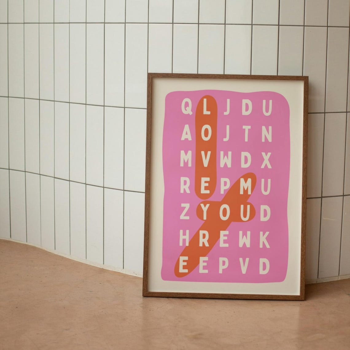 Love You Hidden Word Search Puzzle Pink Retro Art Gift Poster