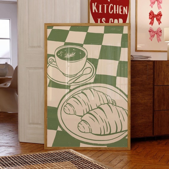 Retro Tea And Croissants Wall Art Trendy Kitchen Print For Cozy Decor