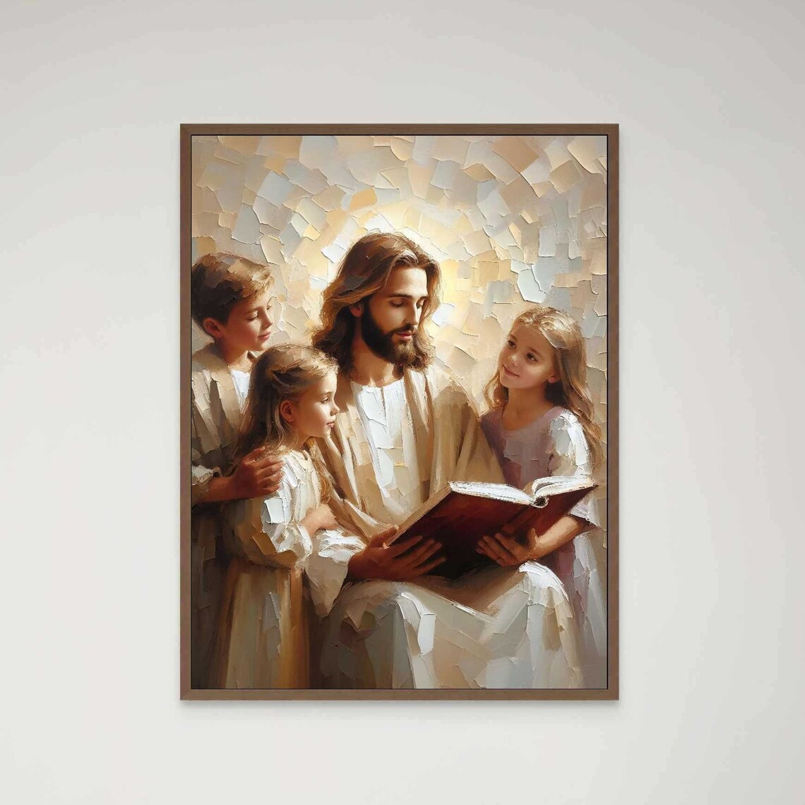 Jesus Reading Book To Three Children In Warm Impasto Painting Poster