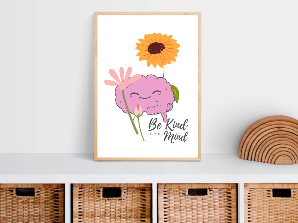 Be Kind To Your Mind Cute Brain Floral Mental Wellness Poster - Image 3