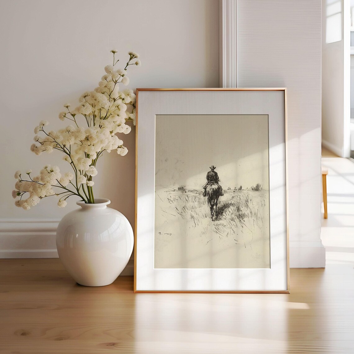 Vintage Cowboy Horseback Sketch Western Frontier Drawing Poster