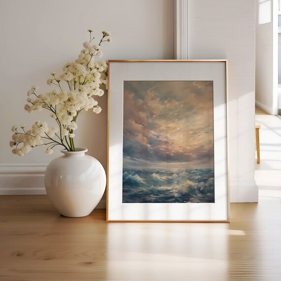 Vintage Moody Ocean Waves Stormy Cloudy Sky Oil Painting Poster