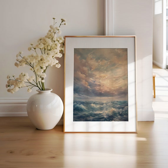 Vintage Ocean Waves Painting Moody Cloudy Sky Paintingocean Paintingcloudy Skycloud Paintinghome Decorprintable