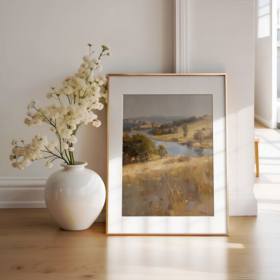 Golden Autumn River Valley Impressionist Landscape Painting Poster